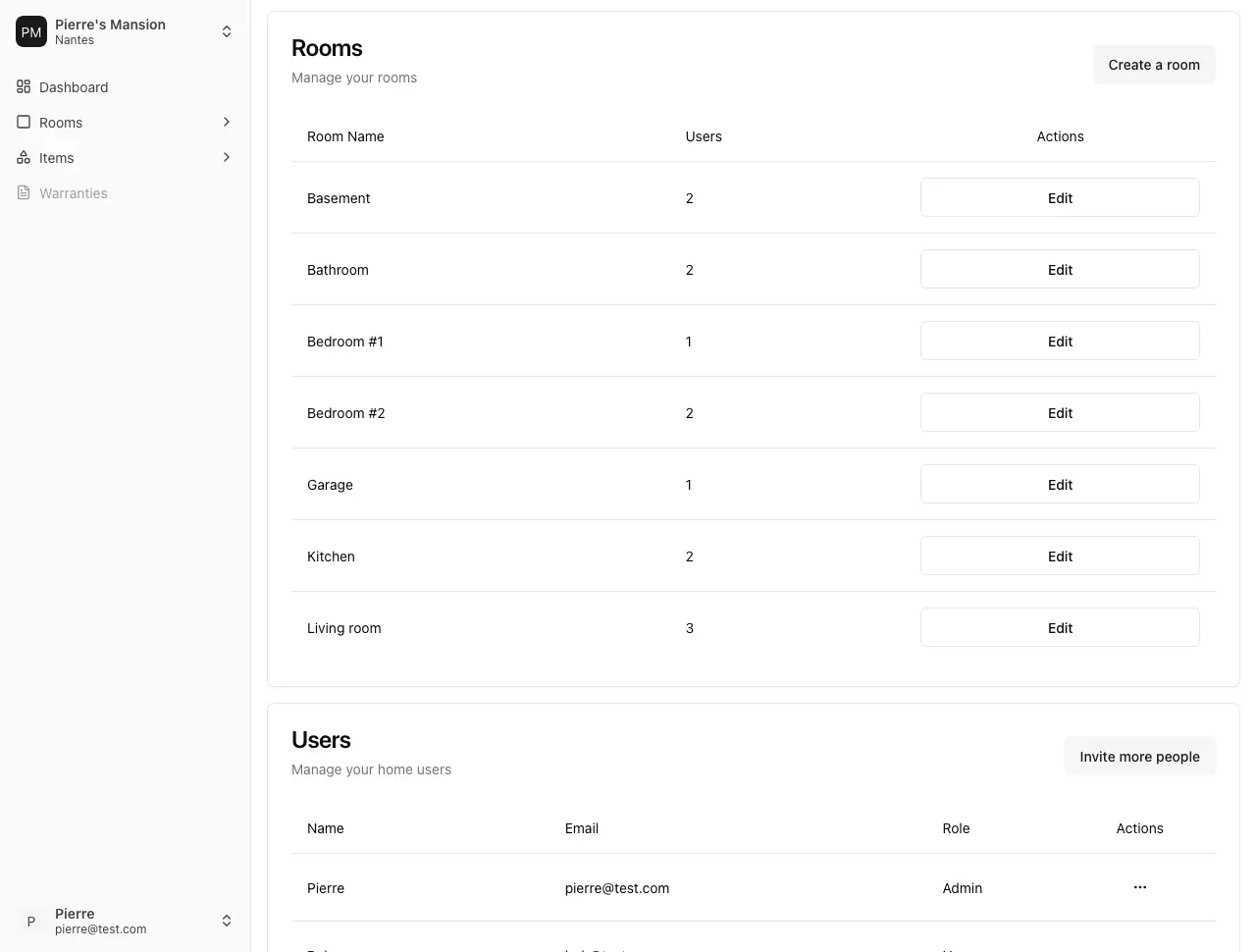 Screenshot of the home settings page with panels for managing rooms and users.