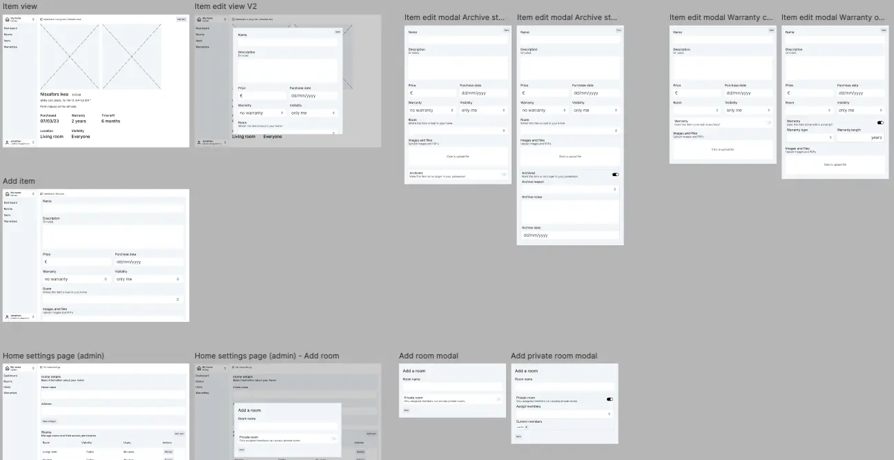 Wireframes created in Figma, showing pages such as item detail, item creation, home settings, and related modals.