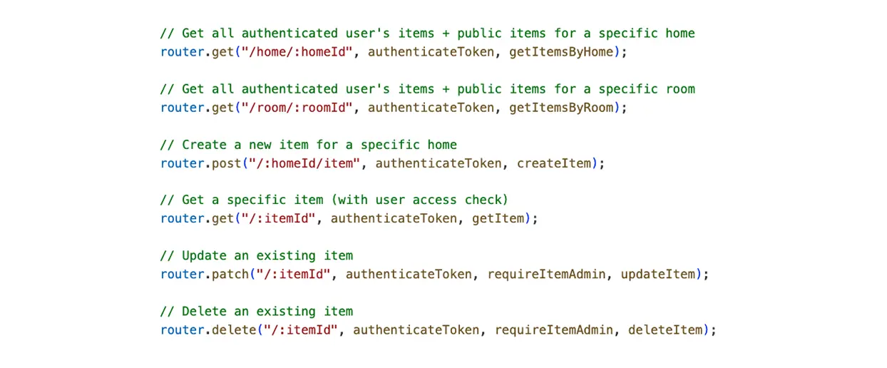 Screenshot of 'item' routes with middlewares.