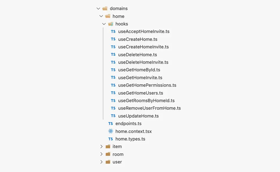 Screenshot of the 'home' domain structure showing hooks, types, endpoints, and context.