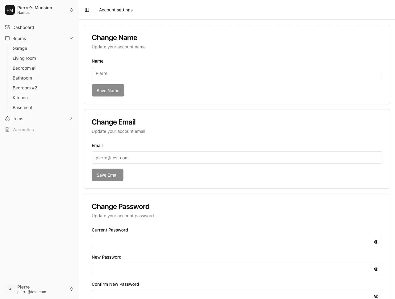 Screenshot of the account settings page with fields to update name, email, and password.