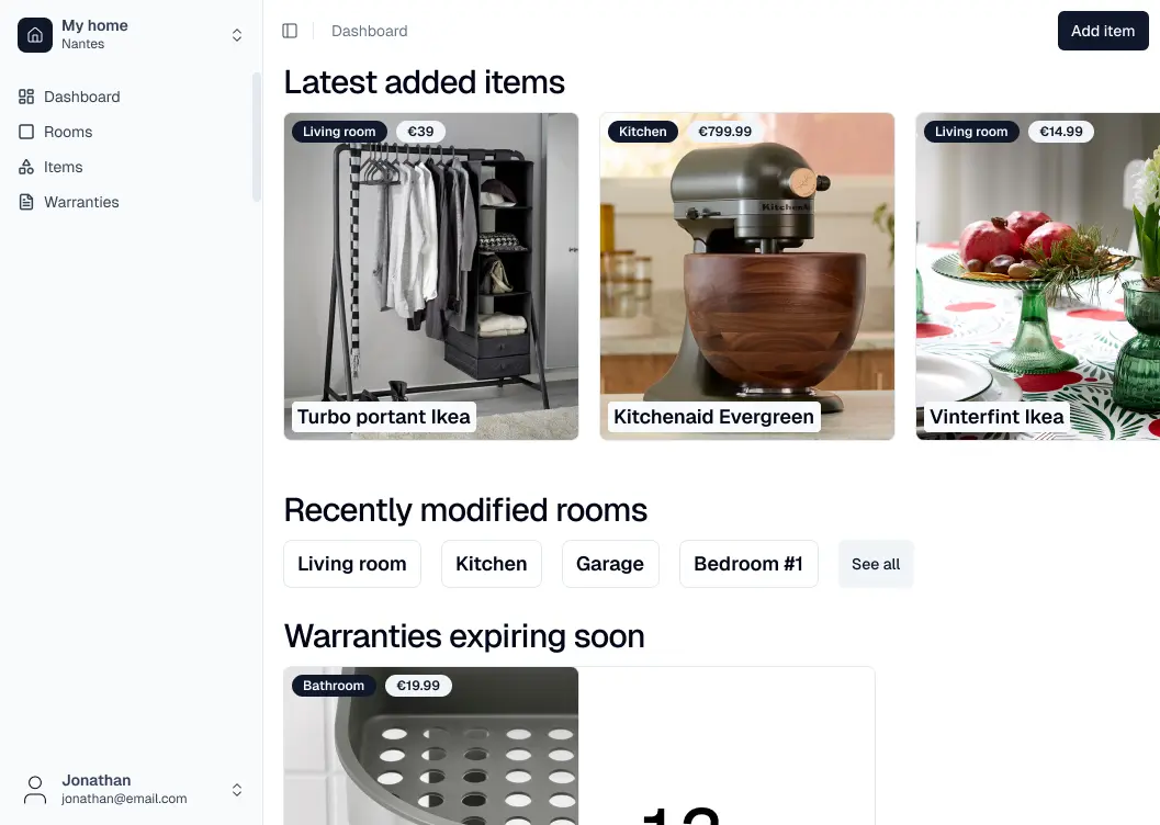 High-fidelity mockup of the dashboard, showing recently added items, recently modified rooms, and items with expiring warranties.